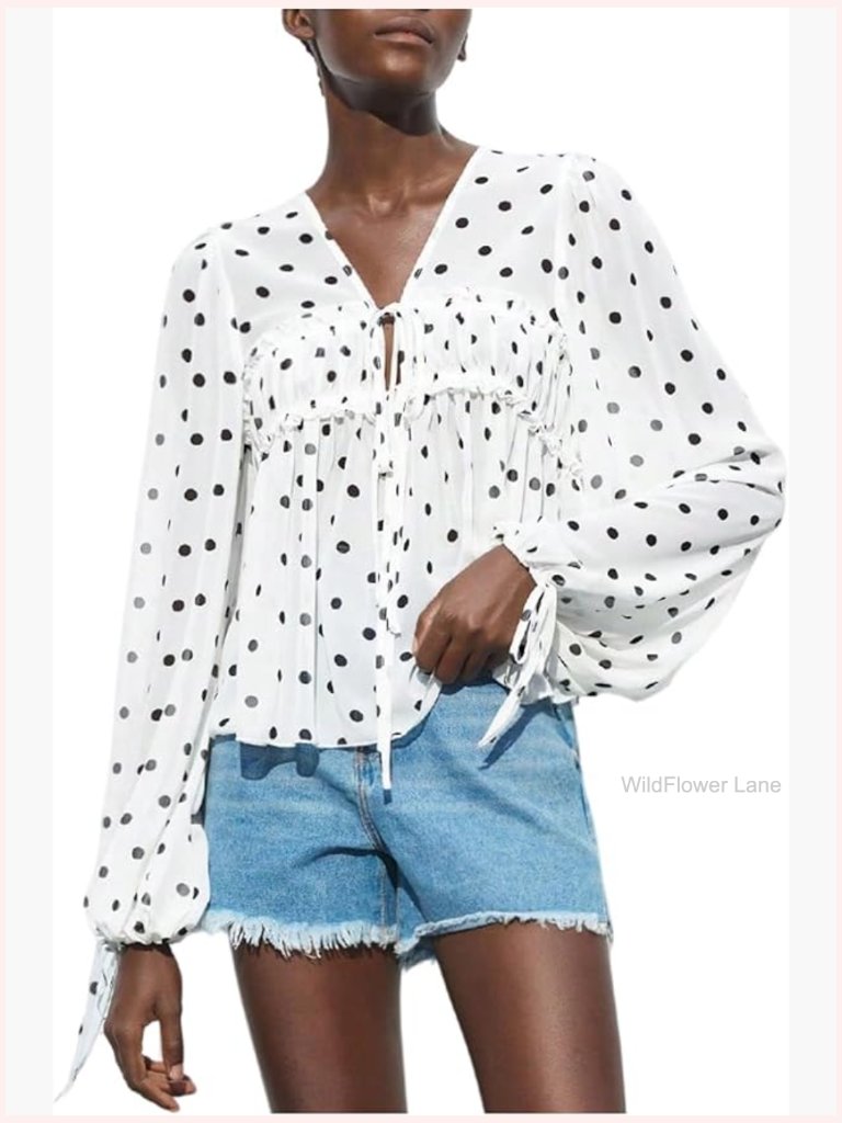Lantern Sleeve Ruffle Hem Flowy Blouse Polka Dot Babydoll Top